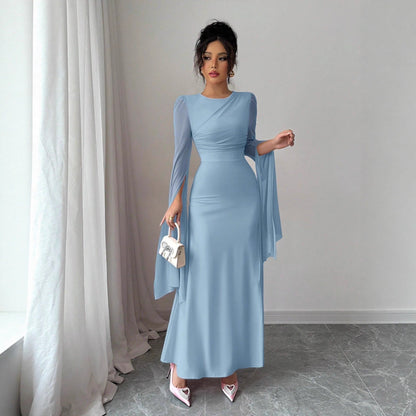 Spring Stitching Mesh Large Swing Sleeves Sexy Slim Fit Fishtail Dress