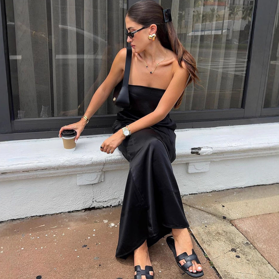 Black Sexy Tube Top Satin High Waist Loose Dress Summer Dress Women