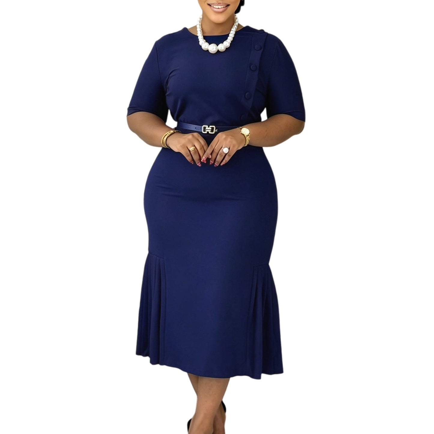Summer Women Clothing Solid Color round Neck Short Sleeves Office Slim Fit Dress