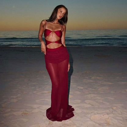 One Piece Swimsuit for Women Solid Color Hollow Out Cutout out Half Length Tulle Skirt Two Piece Set
