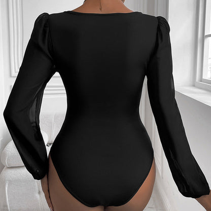 Women Clothing Black Mesh Stitching V neck Jumpsuit