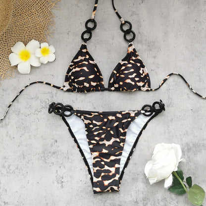 Triangle Strap Sexy Backless Low Waist Ring Leopard Print Bikini Split Swimsuit