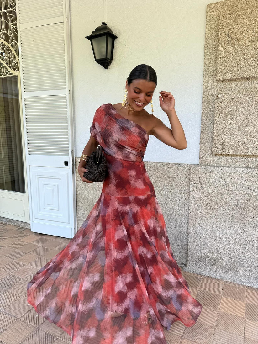 Printed Mesh off Shoulder Vacation Slim Fit Bottoming Dress