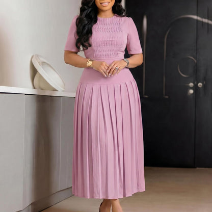 Women Clothing Pleated round Neck Stitching Pleated Dress