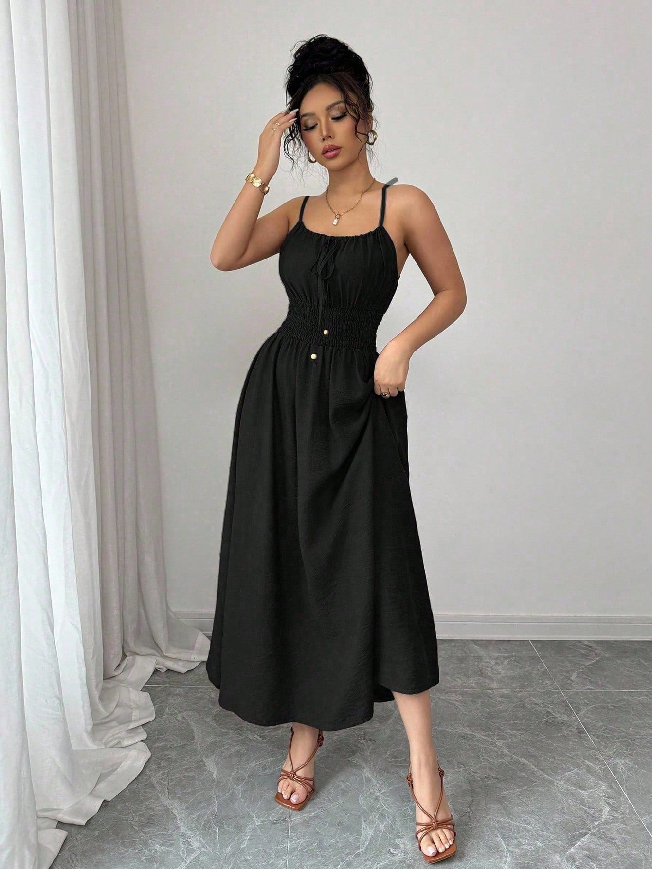 Design Tube Top Sleeveless Pleated Waist Solid Color Suspender Women Dress