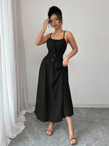 Design Tube Top Sleeveless Pleated Waist Solid Color Suspender Women Dress