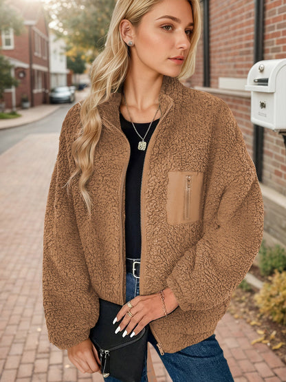 Loose Berber Fleece Coat Stand Collar Zipper Cargo Pocket Thick Thermal Fleece Top