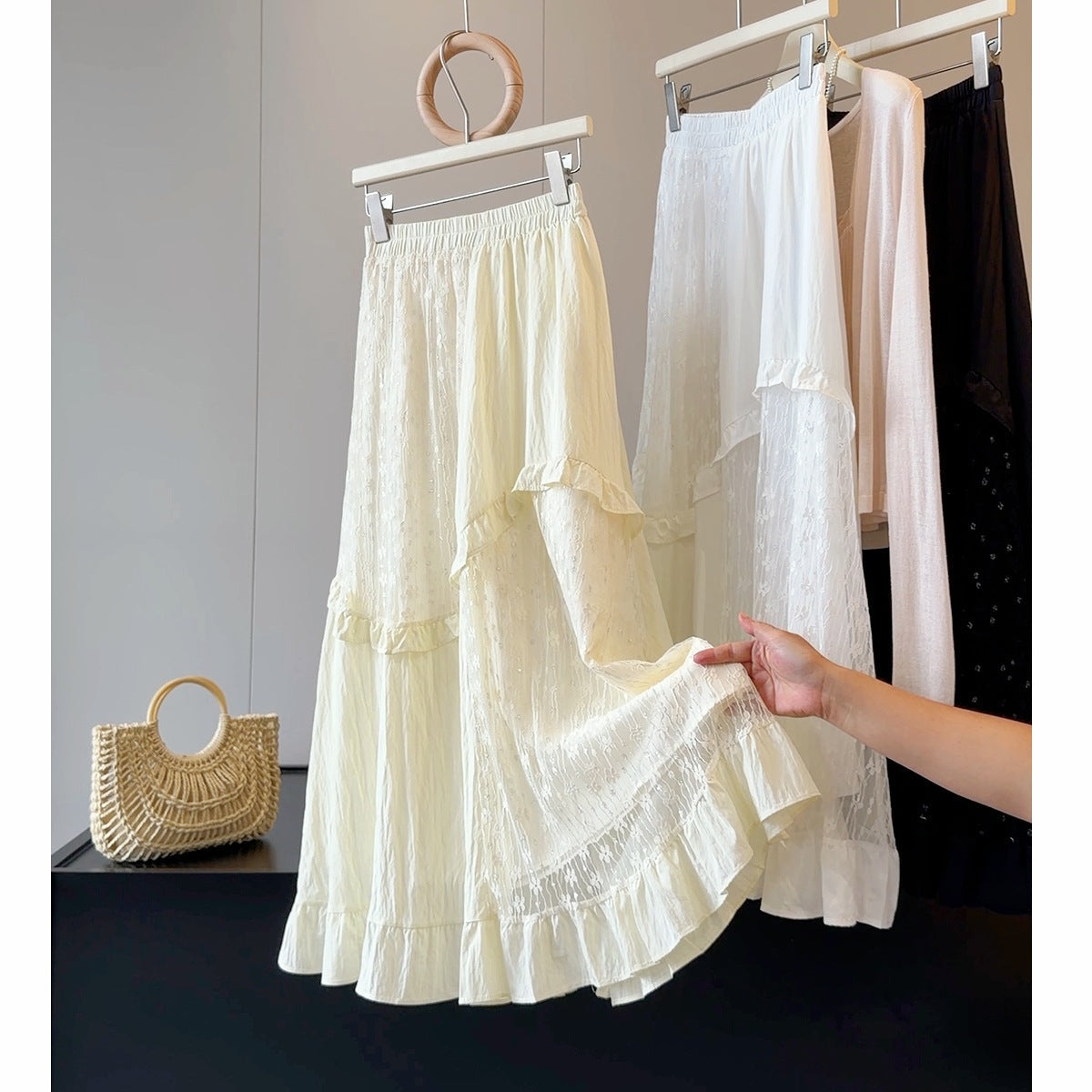 French Design Lace Stitching Skirt Women Summer High Waist Slimming A line Mid Length Tiered