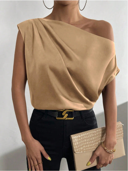 Spring Solid Color Satin Artificial Silk Irregular Asymmetric Shoulder off Shoulder Pullover Sleeveless Shirt Women Clothing