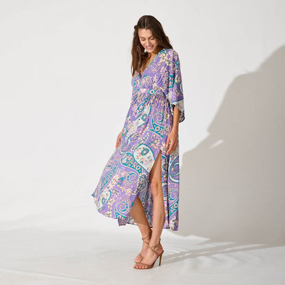 Summer Batwing Sleeve V neck Waist Slimming Maxi Dress Beach Holiday Dress