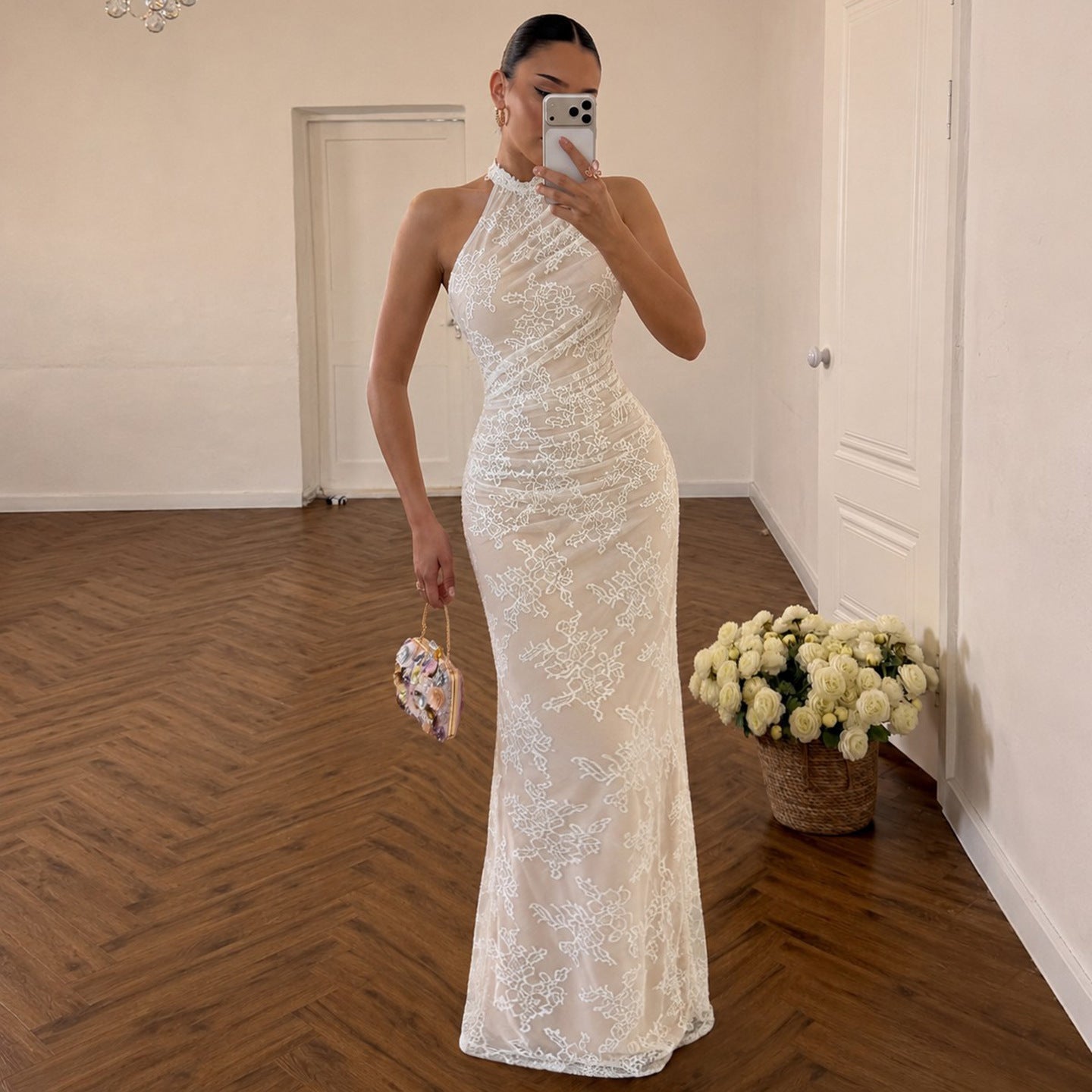 French Elegant Lace Stitching Ruffle Fitted Waist Backless Halter Dress Sexy Slim Vest Maxi Dress for Women