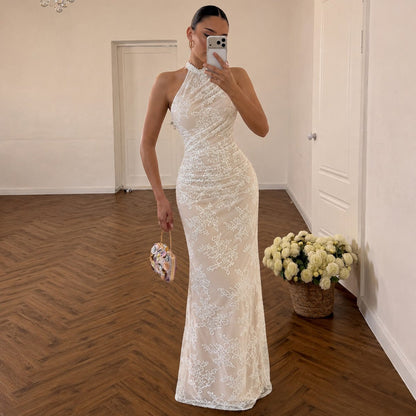 French Elegant Lace Stitching Ruffle Fitted Waist Backless Halter Dress Sexy Slim Vest Maxi Dress for Women