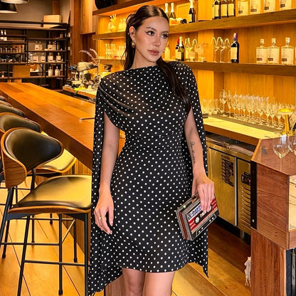 Women Clothing Summer Casual Polka Dot Printed Sleeveless Swing Collar Flouncy Slim Fit Short Dress