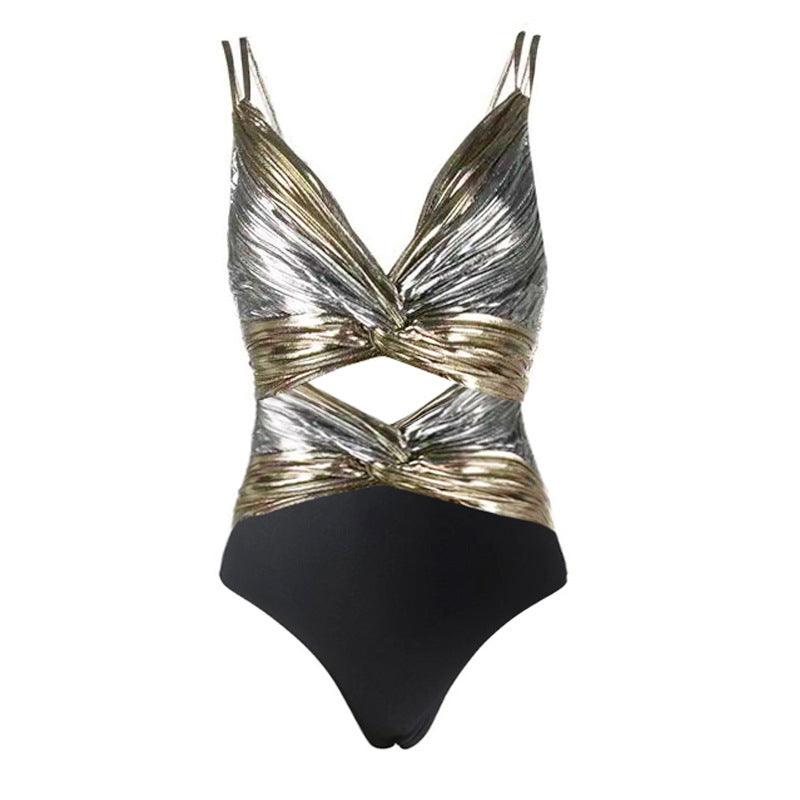Hollow Out Cutout Contrast Color One Piece Swimsuit Women Dress Swimsuit
