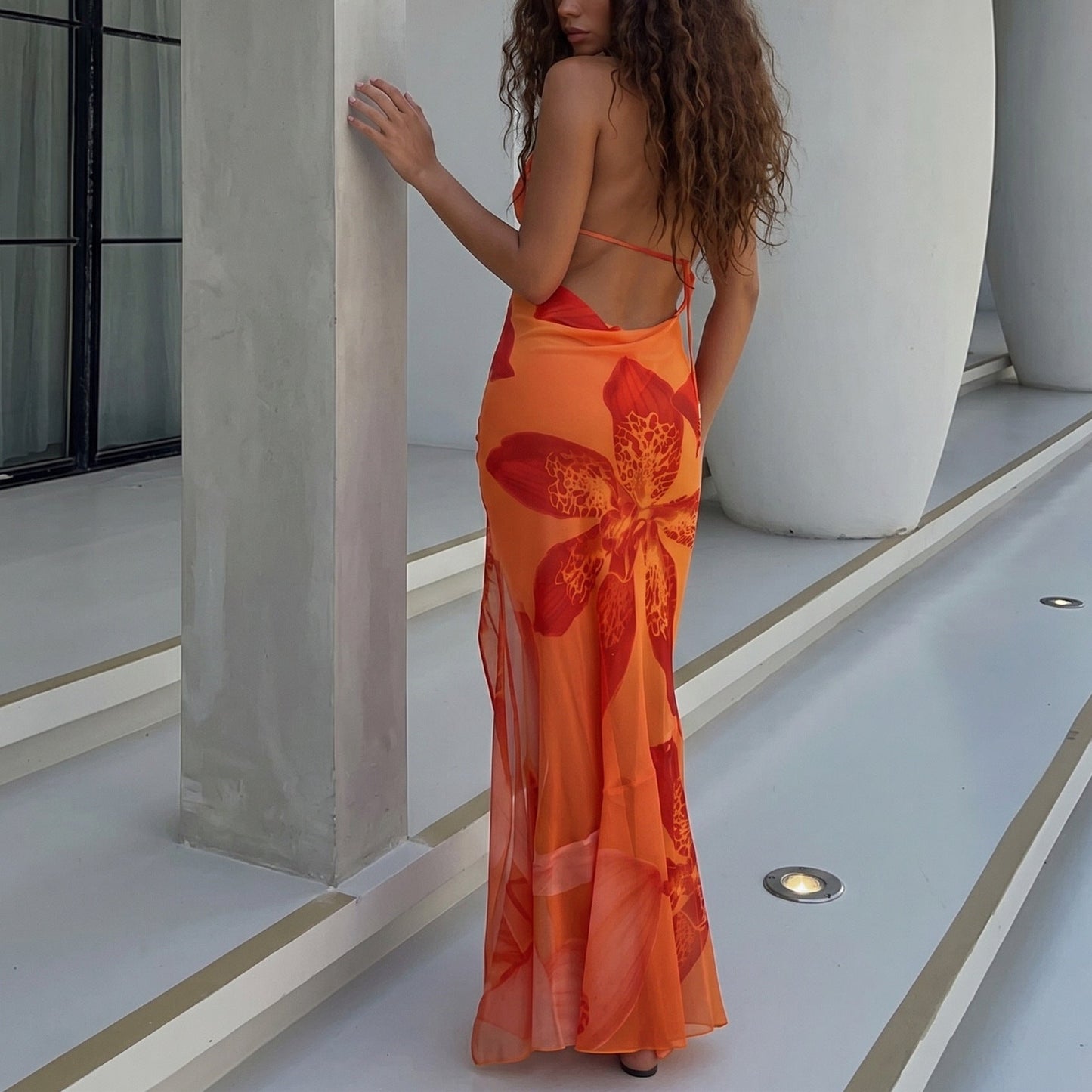 Summer Women Clothing Sexy Halter Backless Lace Printing See through Slim Fit Slit Dress