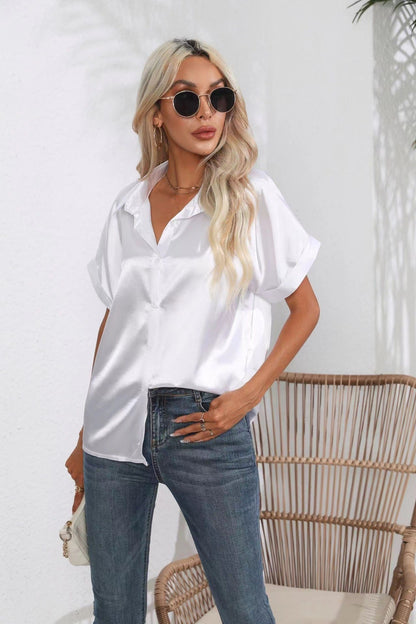 Satin Shirt Short Sleeve Satin Button Shirt Casual Loose Top Women