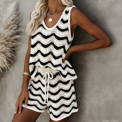 Cardigan Vest Striped Short Hollow Out Cutout out Drawstring Shorts Sunscreen Beach Two Piece Set