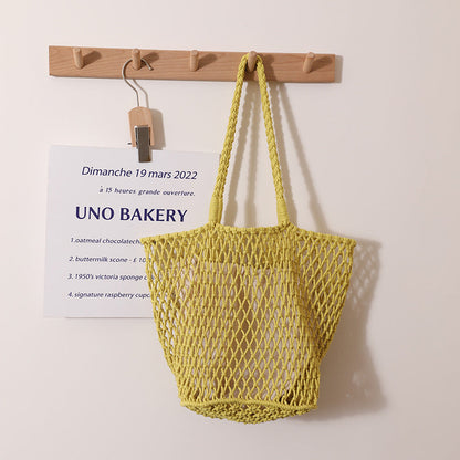 Simple Korean Cotton Woven Bag Large Capacity Mesh Shoulder Straw Bag Handmade Niche Women Bag Casual Vacation Beach Bag