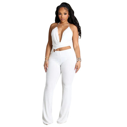 Women Clothing Supply Circle Decoration Sexy Halter Cropped Outfit Slim Fit Bodysuit