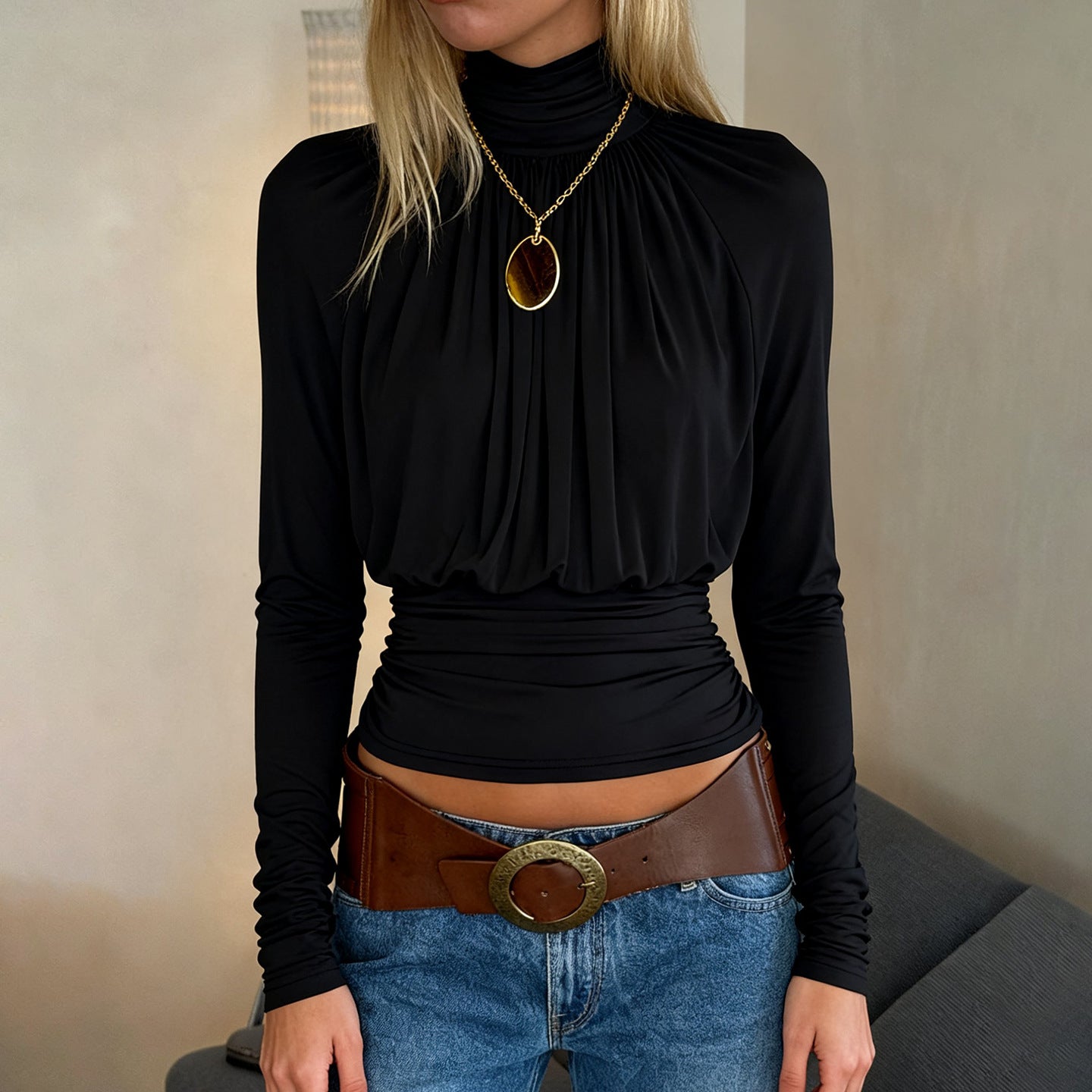 Dark Sexy Black with High Collar Long Sleeve Casual Top Short Waist Controlled Slimming Long Sleeve T shirt Women Autumn