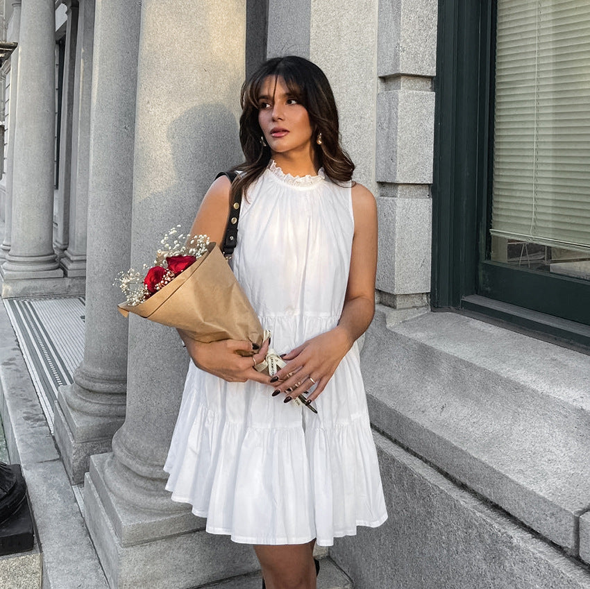Spring Summer All Match White Elegant Dress round Neck Sexy Bow Lace up Elegant Loose Short Women Clothing