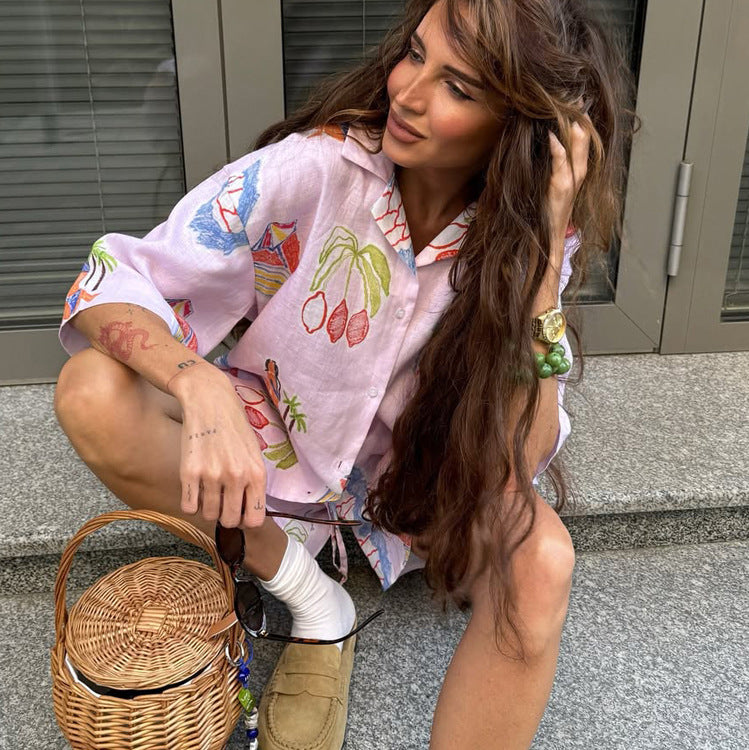 Summer Women Digital Printing Casual Shirt Outfit Collared Short Sleeve Cardigan Top Shorts Two Piece Set