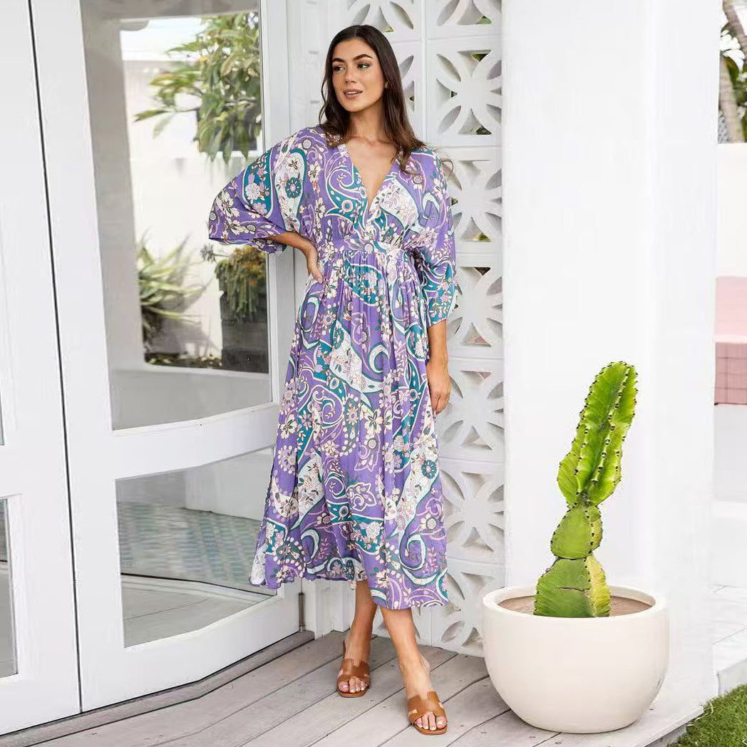 Summer Batwing Sleeve V neck Waist Slimming Maxi Dress Beach Holiday Dress