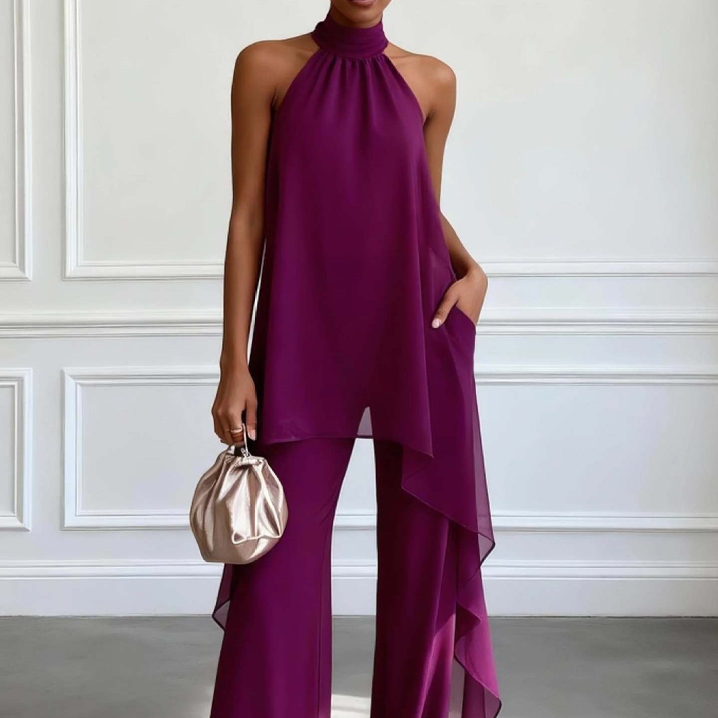 Elegant Halter Sleeve Chiffon Two Piece Sets