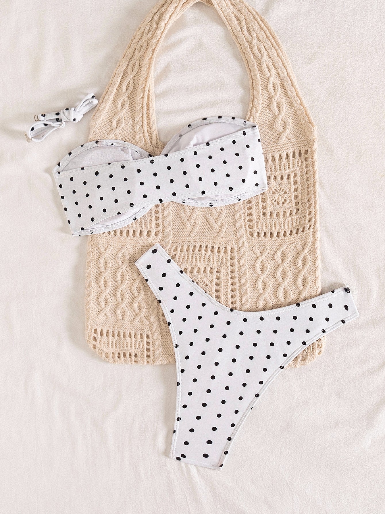 Black White Polka Dot Fresh Advanced Hollowed out Detachable Shoulder Strap Split Bikini