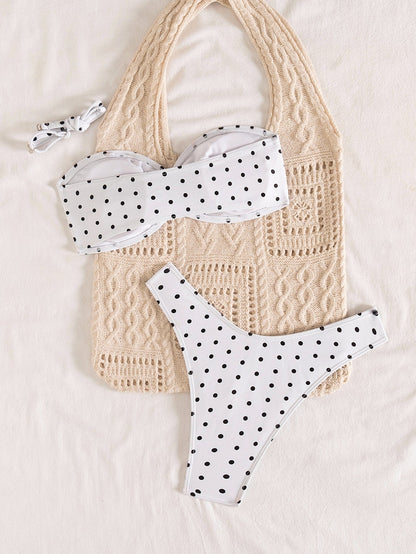 Black White Polka Dot Fresh Advanced Hollowed out Detachable Shoulder Strap Split Bikini