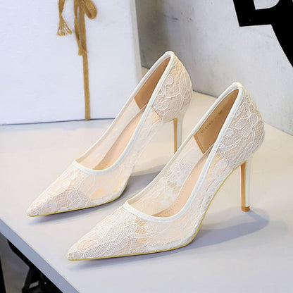 Sexy Lace High Heeled Shoes Shallow Mouth Pointed Toe Skinny Night Club Mesh Stiletto High Heel Shoes
