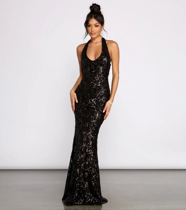 Women Clothing Sexy Hanging Collar Sequ Dress All Matching Formal Dress