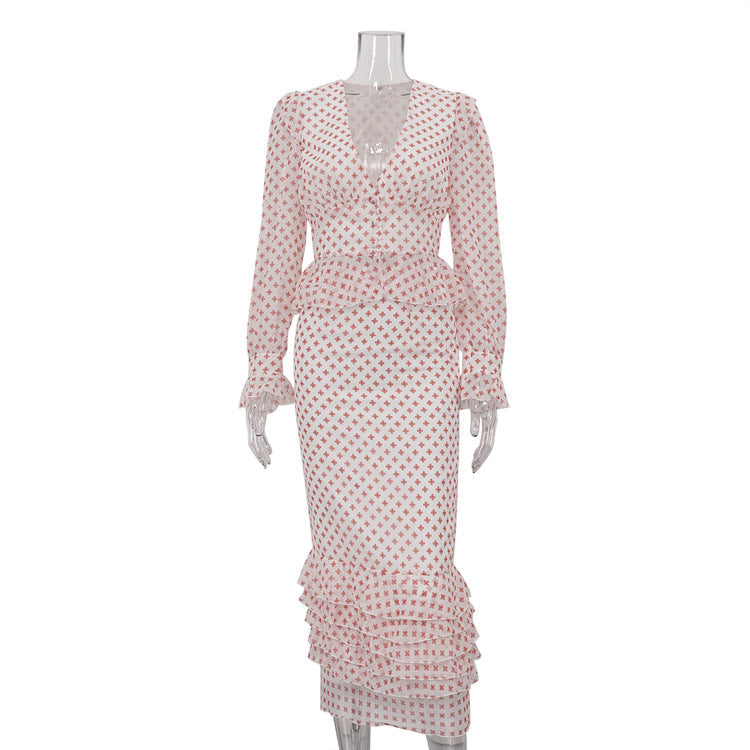 Women Clothing V neck Long Sleeve Waist-Controlled Top Printed Two Piece Skirt Set