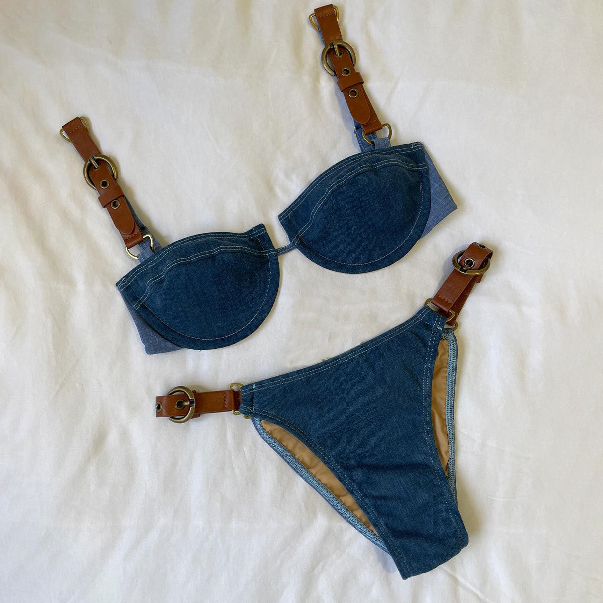 Faux Denim Low Waist Adjustable Triangle Bikini Sexy Belt Push up Split Swimsuit Women