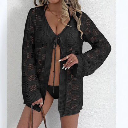 Women Cardigan Women Clothing Woven Shirt Hollow Out Cutout out Long Sleeve Sunscreen Beach Cover Up Lace up Beach Jacket