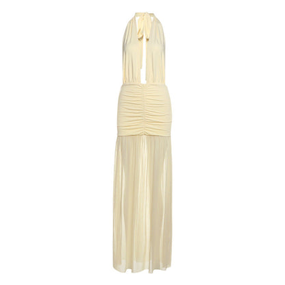 Summer Women Clothing Solid Color Sexy Mesh Stitching Deep V Plunge neck Halter Tied Dress