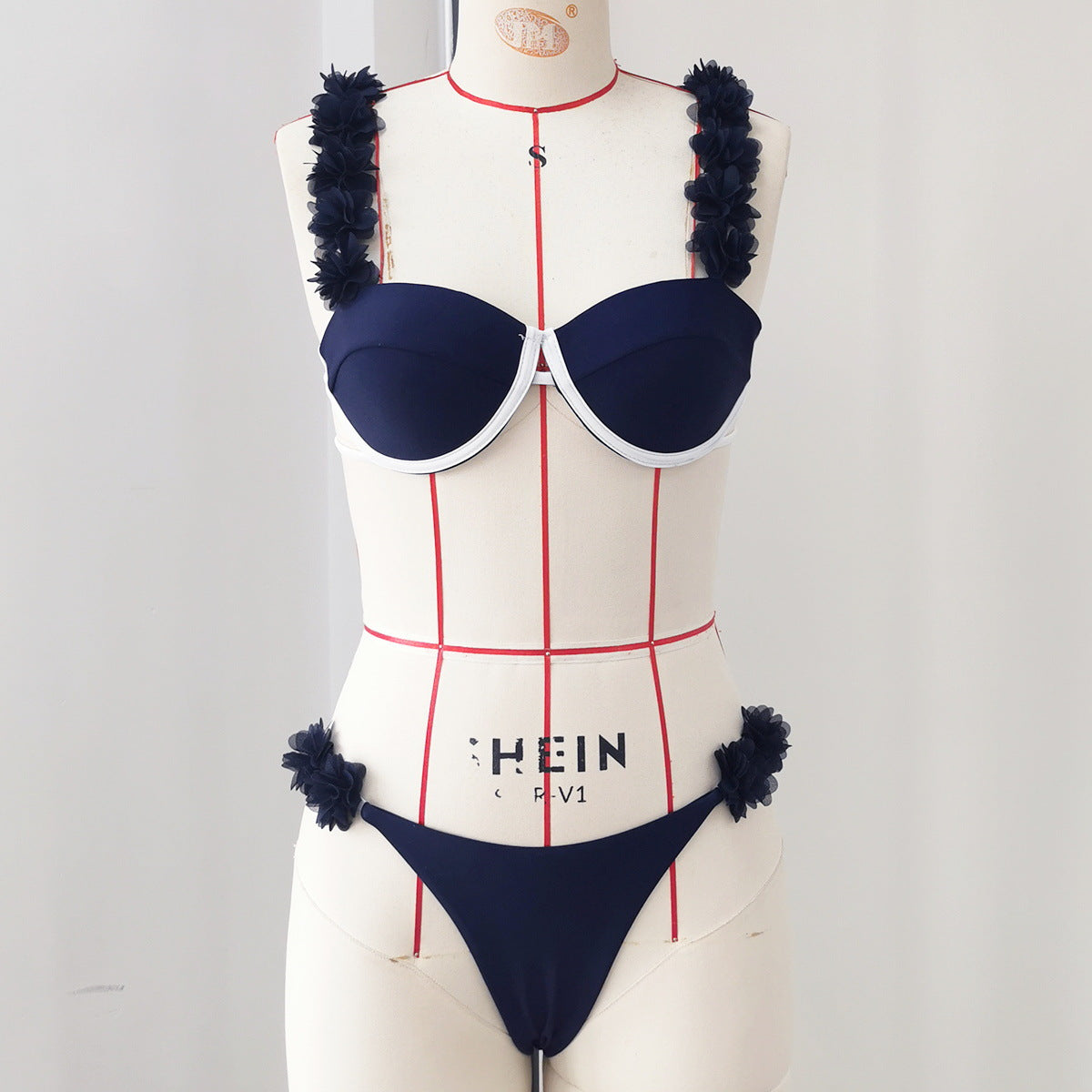 Hard Bag Sling Split Swimsuit for Women Solid Color Stitching Low Waist Bikini Pleating Sexy Backless