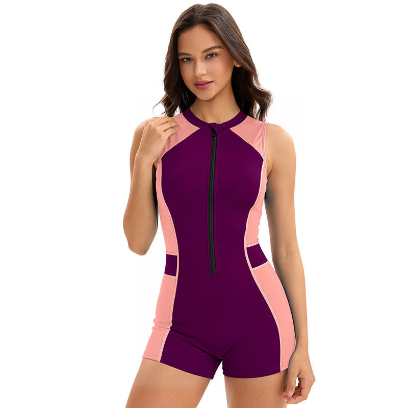 Sports One Piece Swimsuit Women Sleeveless Tight Boxer Conservative Swimsuit