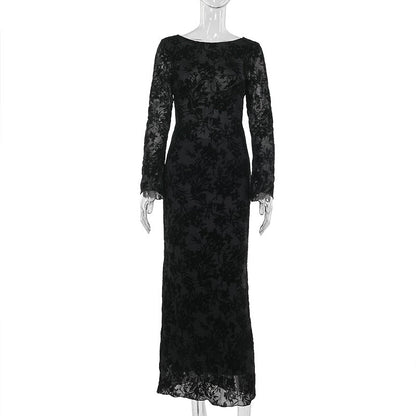 Sexy Backless Long Sleeves Printed Dress Women Autumn Graceful Fashionable Dress