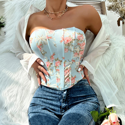 Sexy Low Cut Backless Floral Wrapped Chest Rhombus Boning Corset Waist Vest