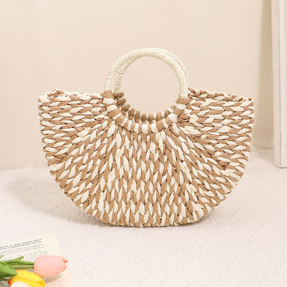 Niche Semicircle Portable Straw Weaved Bag Retro Color Hand Carrying Straw Bag Woven Bag Women Seaside Vacation Beach Bag