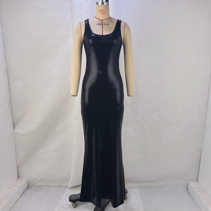 Women Clothing Winter U Collar Solid Color Split Vest Dress