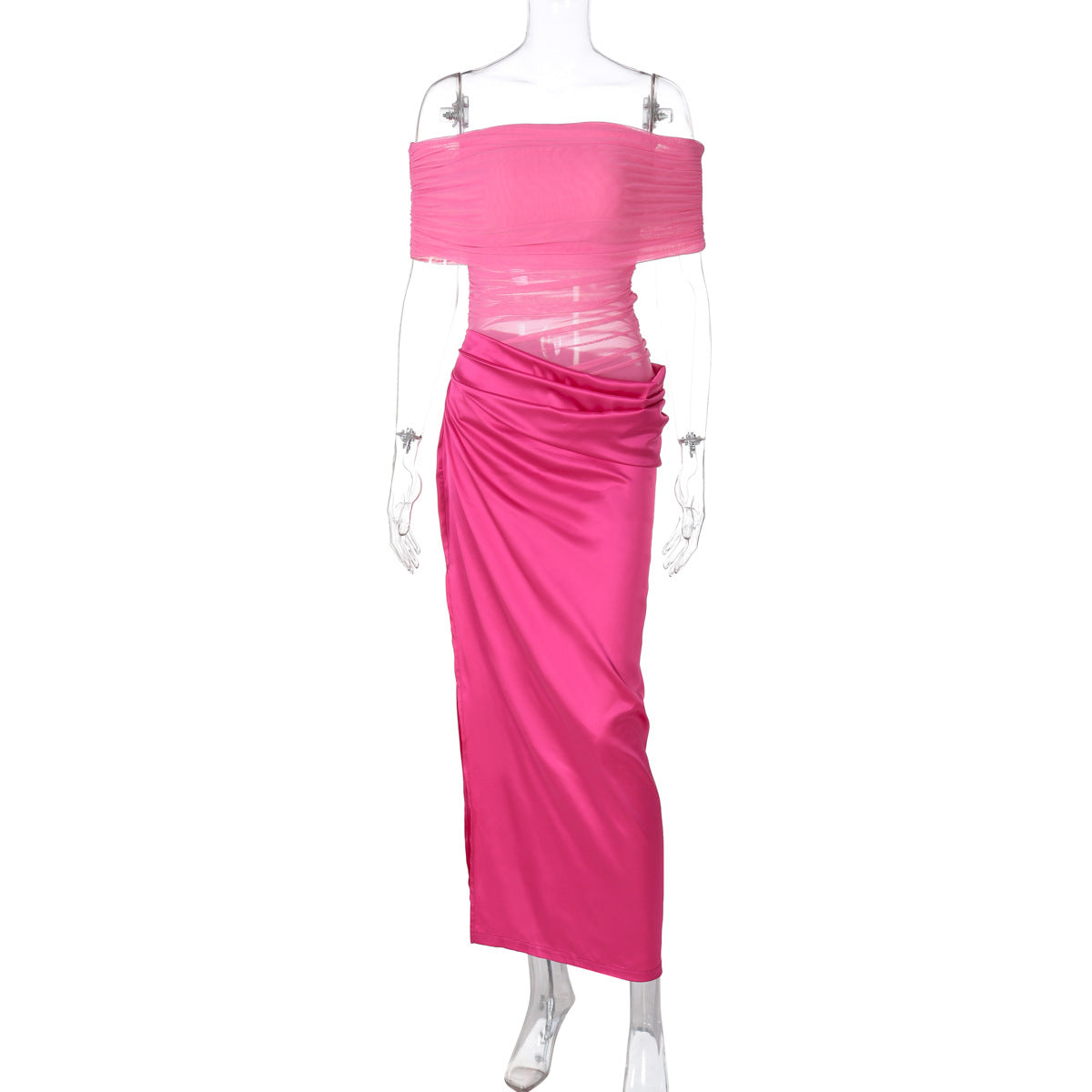 Women Clothing Spring Summer Sexy See through Stitching off Shoulder Dress