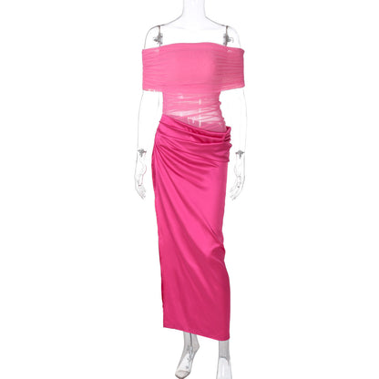Women Clothing Spring Summer Sexy See through Stitching off Shoulder Dress