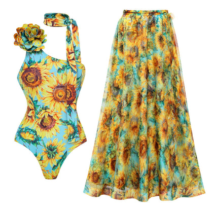 Women Swimsuit Sunflower Printed One Piece Swimsuit Set