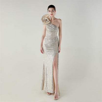 Craft Floral Beaded One Shoulder Diagonal Collar Fishtail Evening Dress Dinner Wedding Awards Ceremony Social Dress