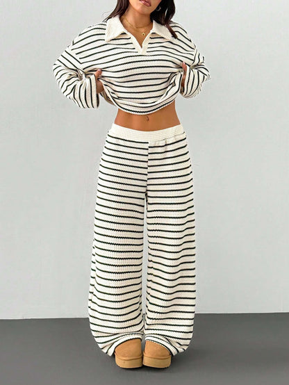 Striped Knitted Contrast Color Lapels V neck Long Sleeved Top Casual Two Piece Sets