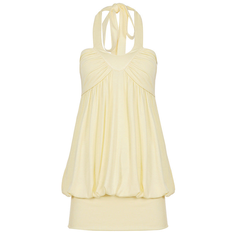 Summer Vacation Girlish Lace up Halter Bud Short Pure Romantic Date Ruffle Hip Dress for Women