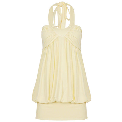 Summer Vacation Girlish Lace up Halter Bud Short Pure Romantic Date Ruffle Hip Dress for Women