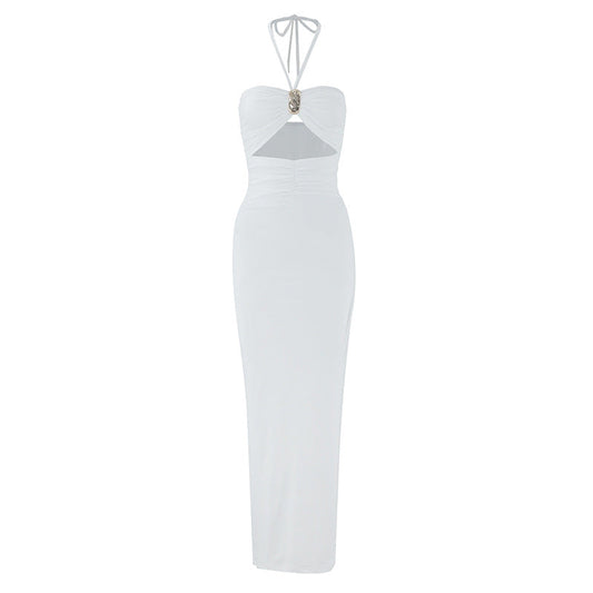Summer Sexy Halter Three Dimensional Decoration Hollow Out Cutout Backless Leg Exposed Dress Women Clothing